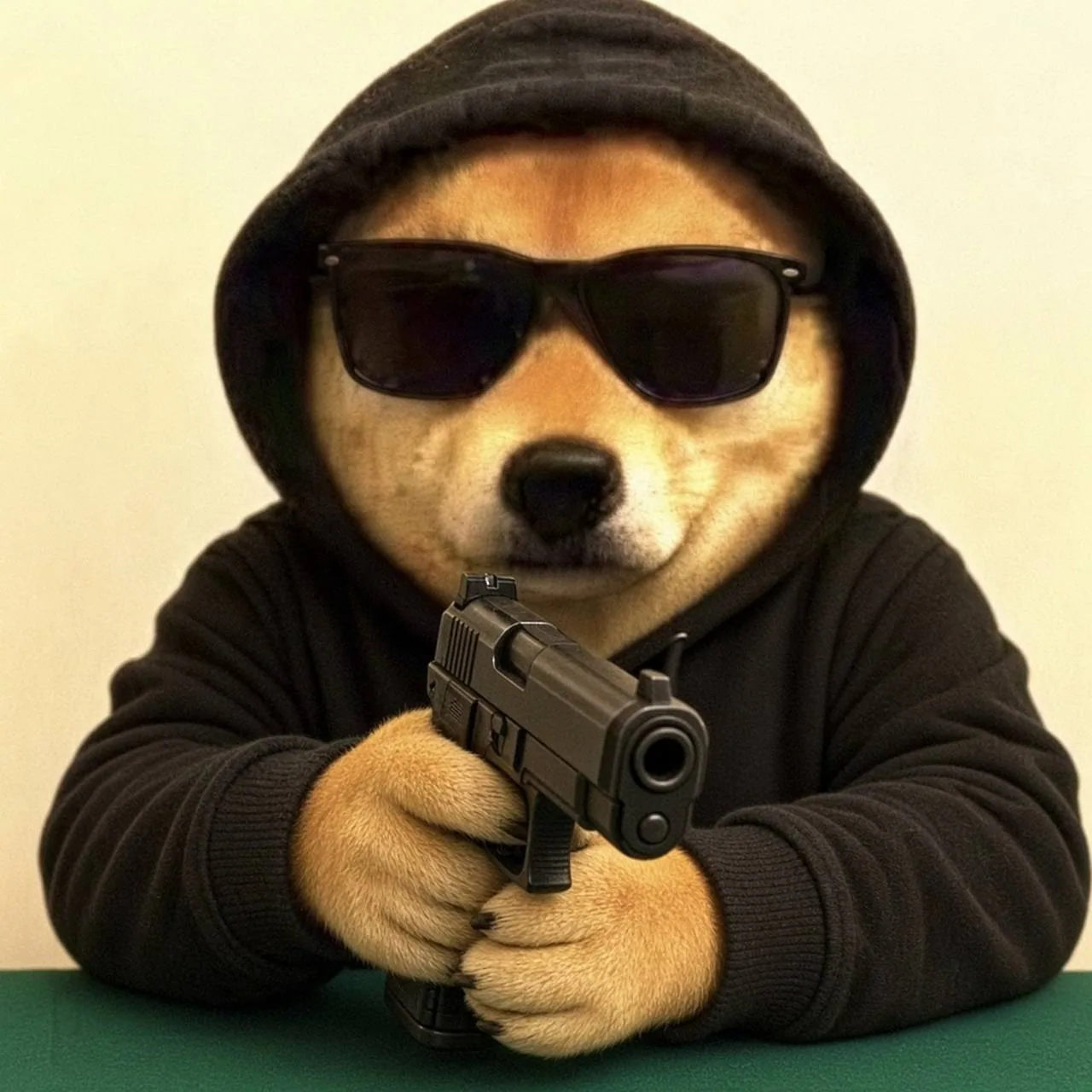 A Shiba Inu dog digitally edited with human-like arms, wearing a black hoodie and dark sunglasses, gripping a black handgun with both paws/hands — Digital composite meme image, photo-manipulation.