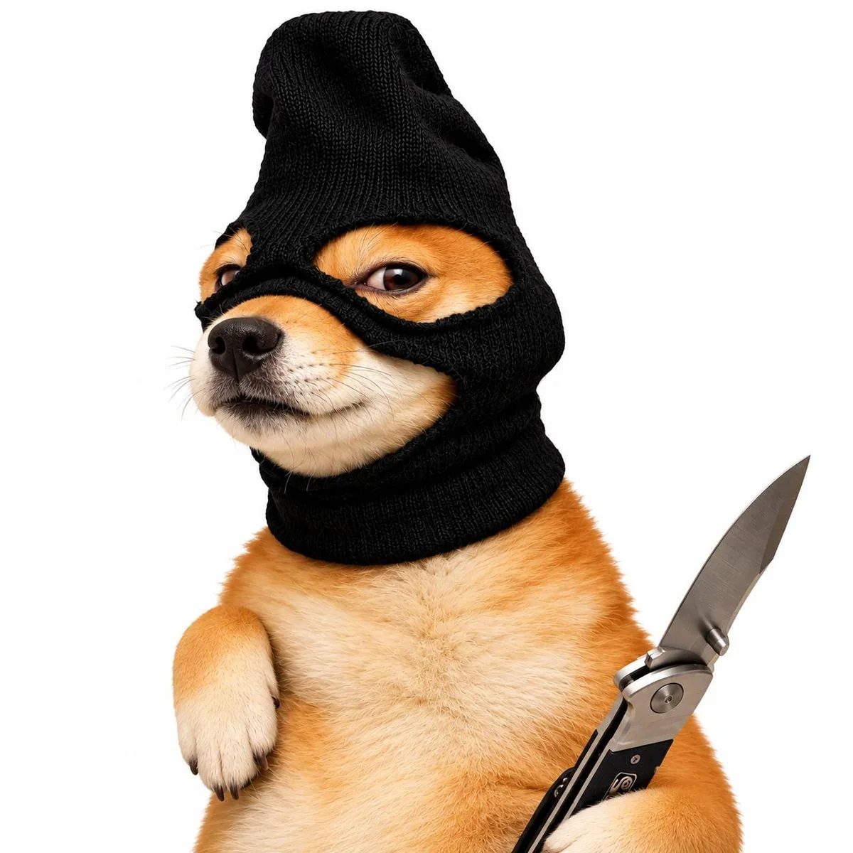 Grainy ceiling-camera frame of a hooded shiba at a laundromat counter.